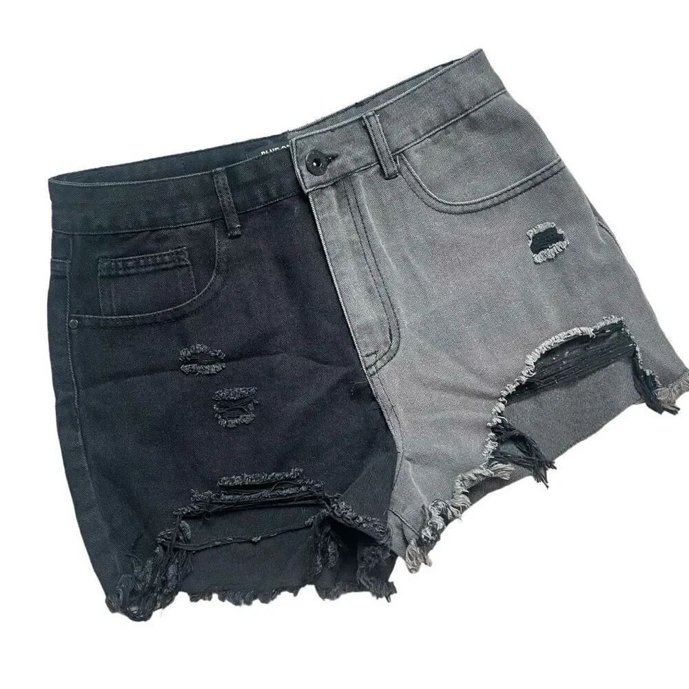 Womens Blue Savvy Boutique Distressed Two Tone Color Block Jean Shorts - Sz 9